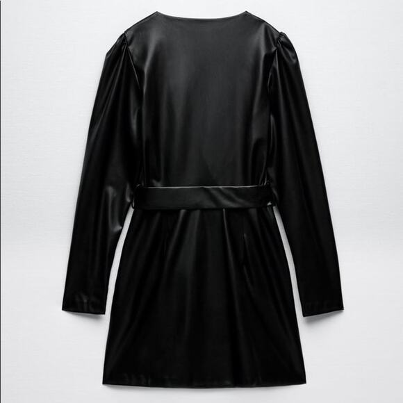 ZARA BELTED FAUX LEATHER DRESS BLACK - Picture 4 of 5